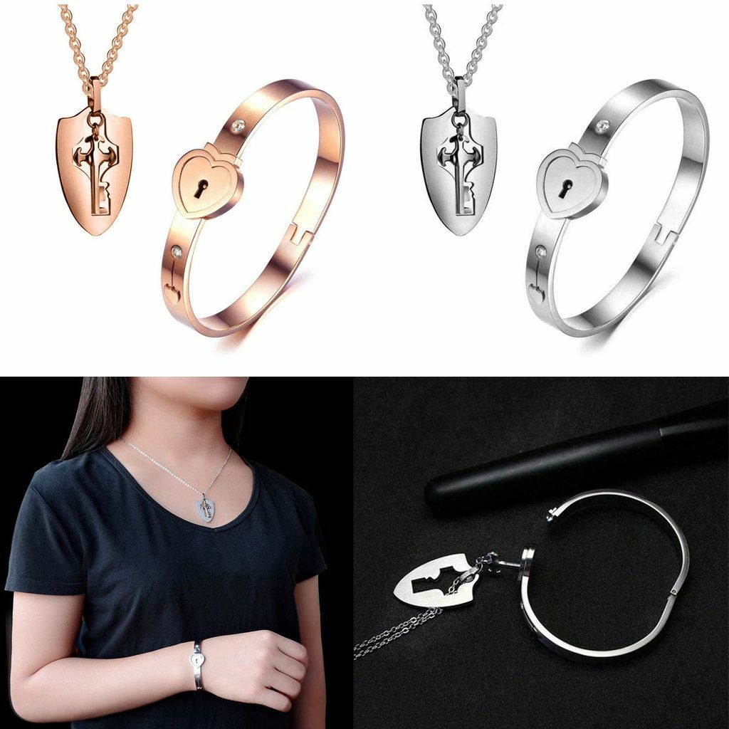 Couple Stainless Steel Love Heart Lock Bracelet with Key Pendant Necklace Set