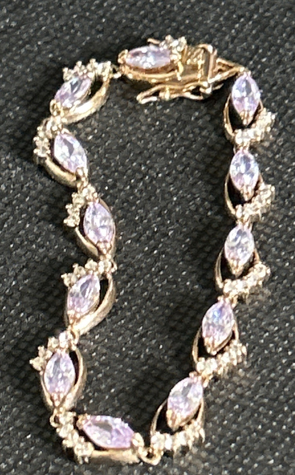 Gold Tone Brass Simulated Amethyst Marquise Rhinestone Tennis Bracelet 7 Inch