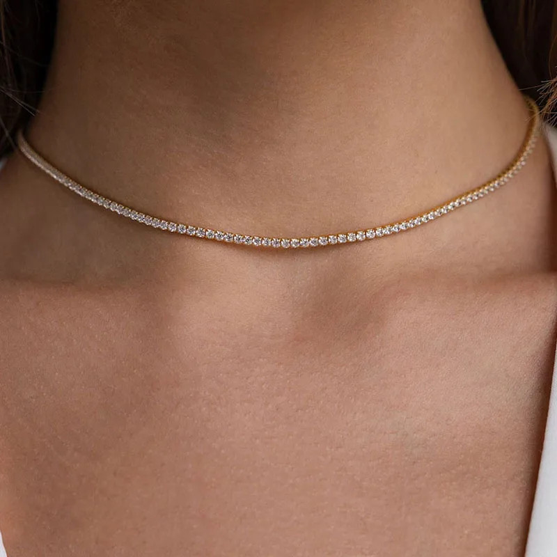 Sterling Silver Choker Necklace 925 Simulated Zirconia Short Chain Women Jewelry