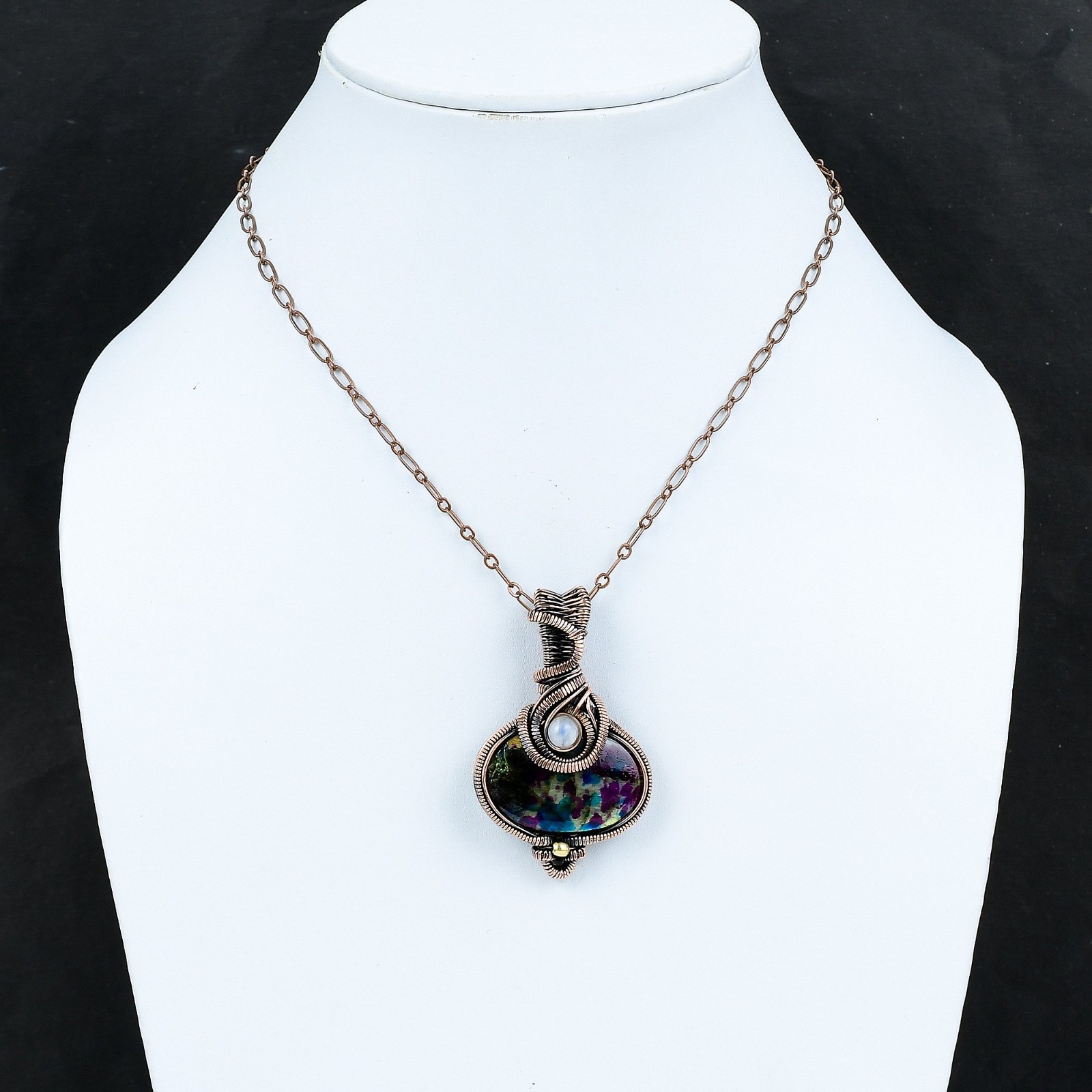 Multi Fire Labradorite Gemstone Rainbow Moonstone Wire Wrapped Pendant Copper