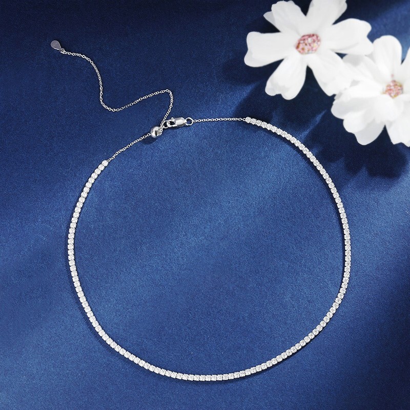 2mm D Color Moissanite Tennis Chain Necklace S925 Silver Women Adjustable Choker