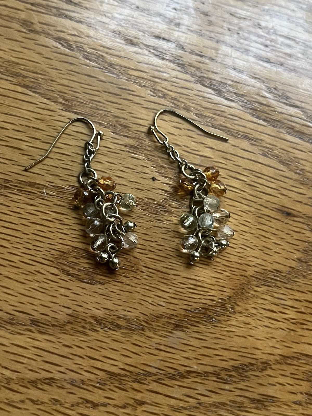 Gold Tone Clear & Amber Crystal Bead Cluster Dangle Drop Hook Earrings 1.5 in