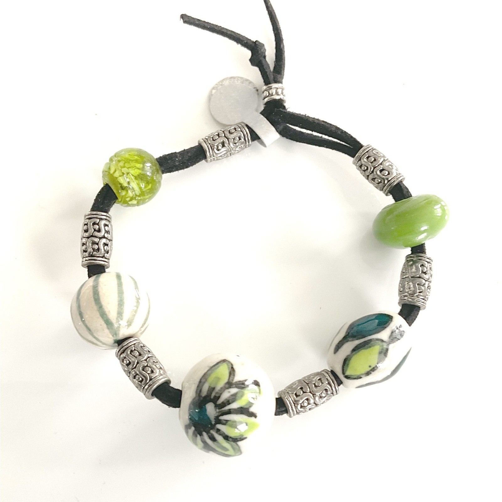 Bracelet Ceramic Glass Suede Green White Silver Adjustable Boho New 130 New 130