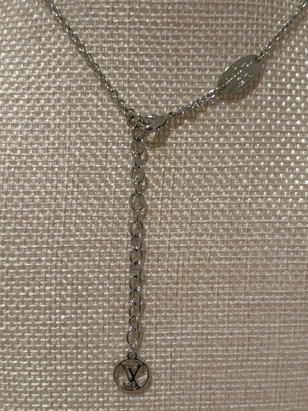 Louis Vuitton LV Initial Letter Pendant Necklace, Adjustable Silver Tone Signed