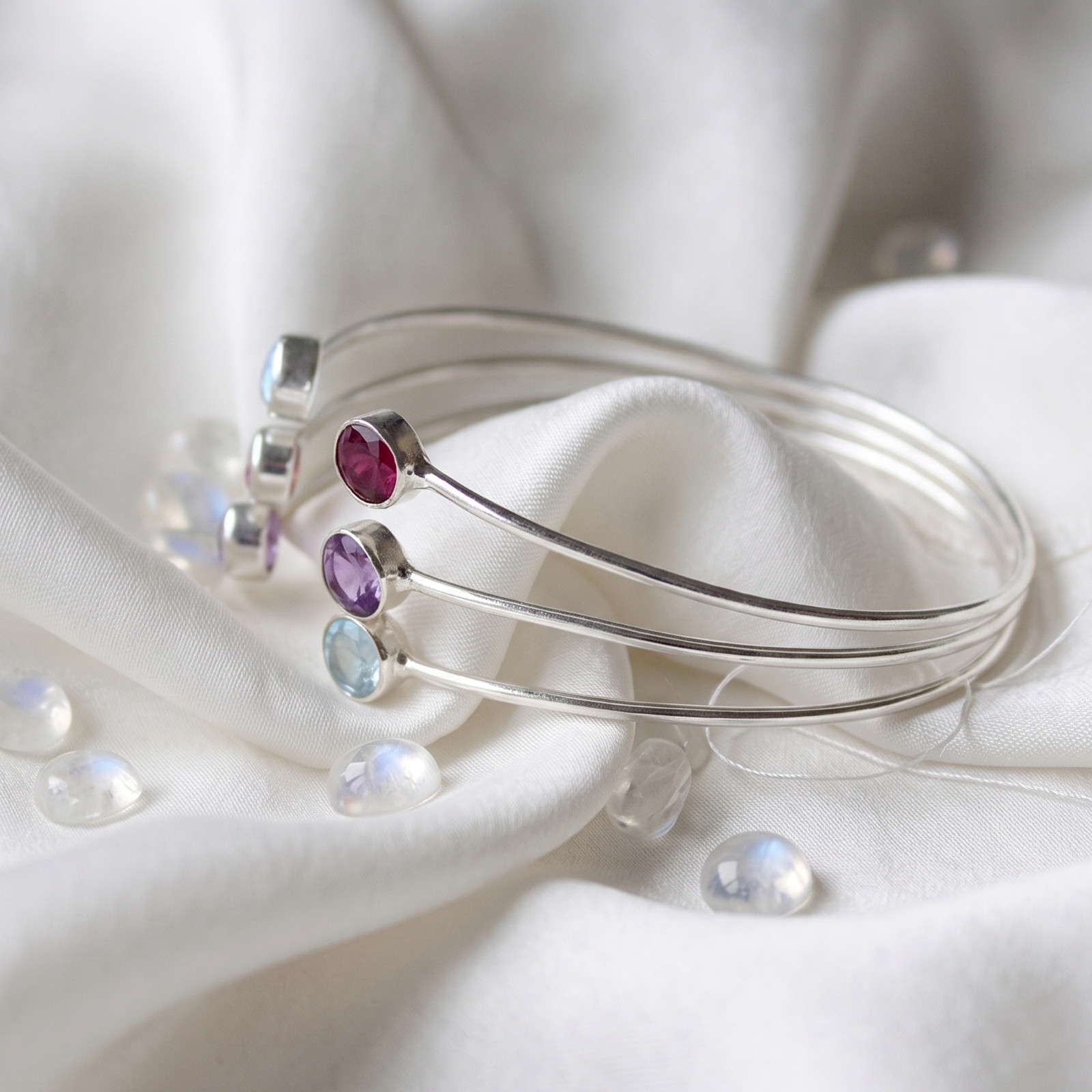 925 Sterling Silver Triple Raw Natural Gemstone Cuff Bracelet, Multi Stone Jewel