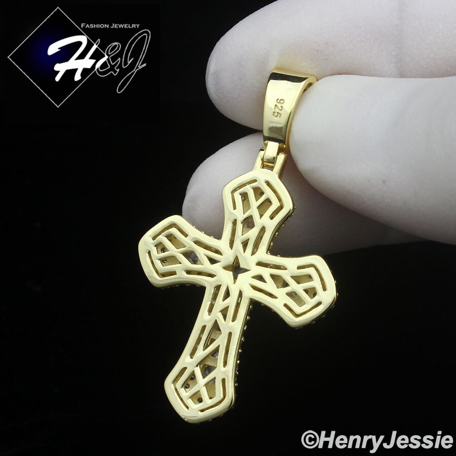 MEN 925 STERLING SILVER ICY BLING BAGUETTE CZ GOLD PLATED 3D CROSS PENDANT*GP474