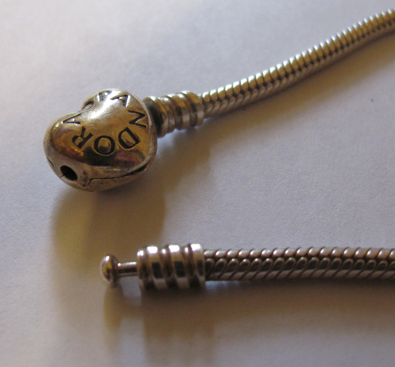 Pandora Sterling Silver Heart Clasp Snake Chain Bracelet #590719 Long 9.1 inches