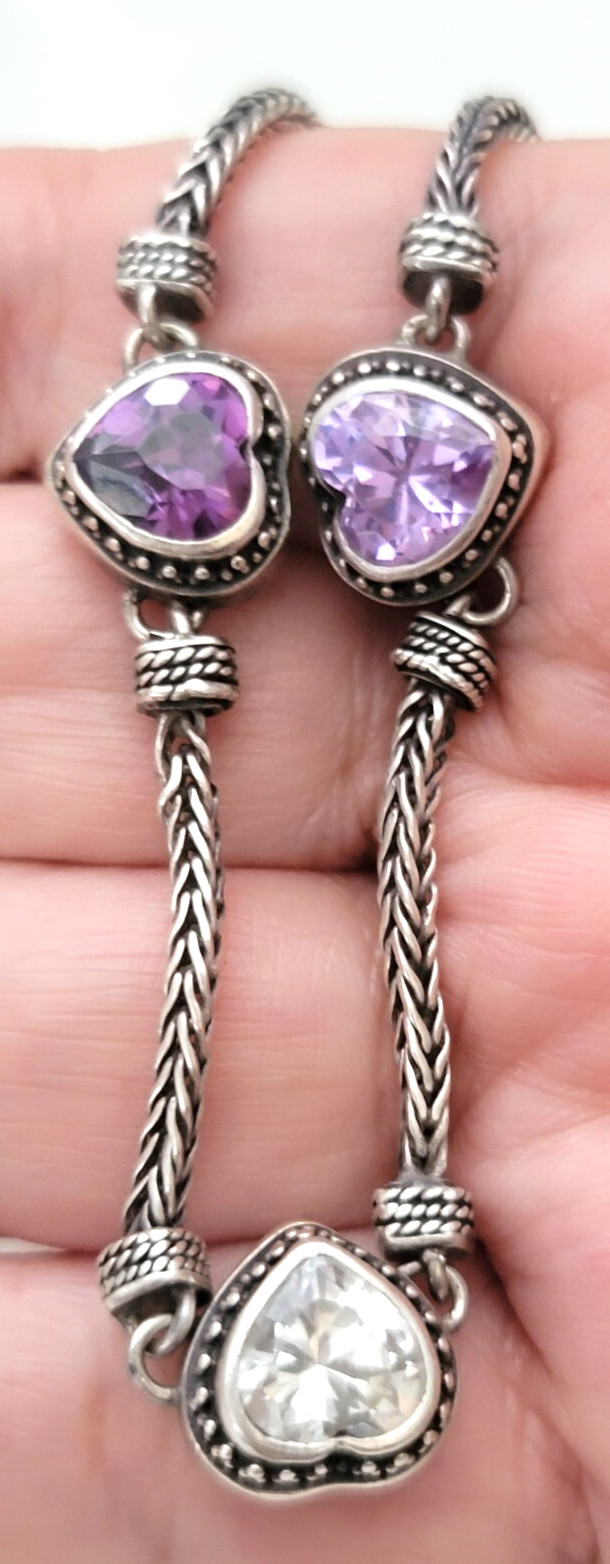 Amethyst Hearts CZ Crystals 925 Sterling Silver Spiga/Wheat Chain Bracelet 7.75″