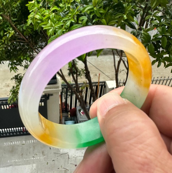 Natural Grade A Jadeite Bangle Tri-Color Green Lavender Yellow Burmese Jade 54mm