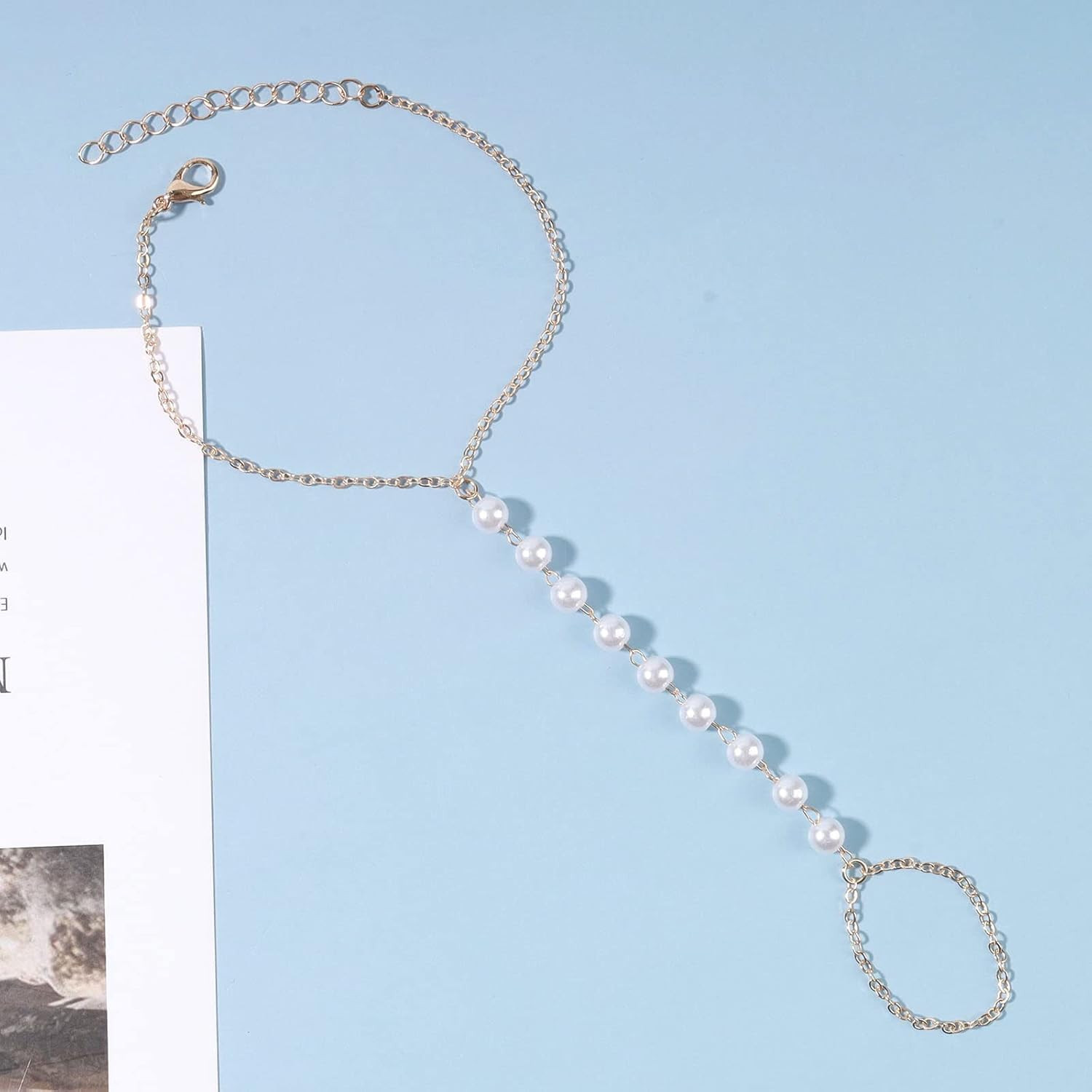 Boho Pearl Slave Bracelet Gold Ring Wrist Pearl Finger Minimalist Hand Chain