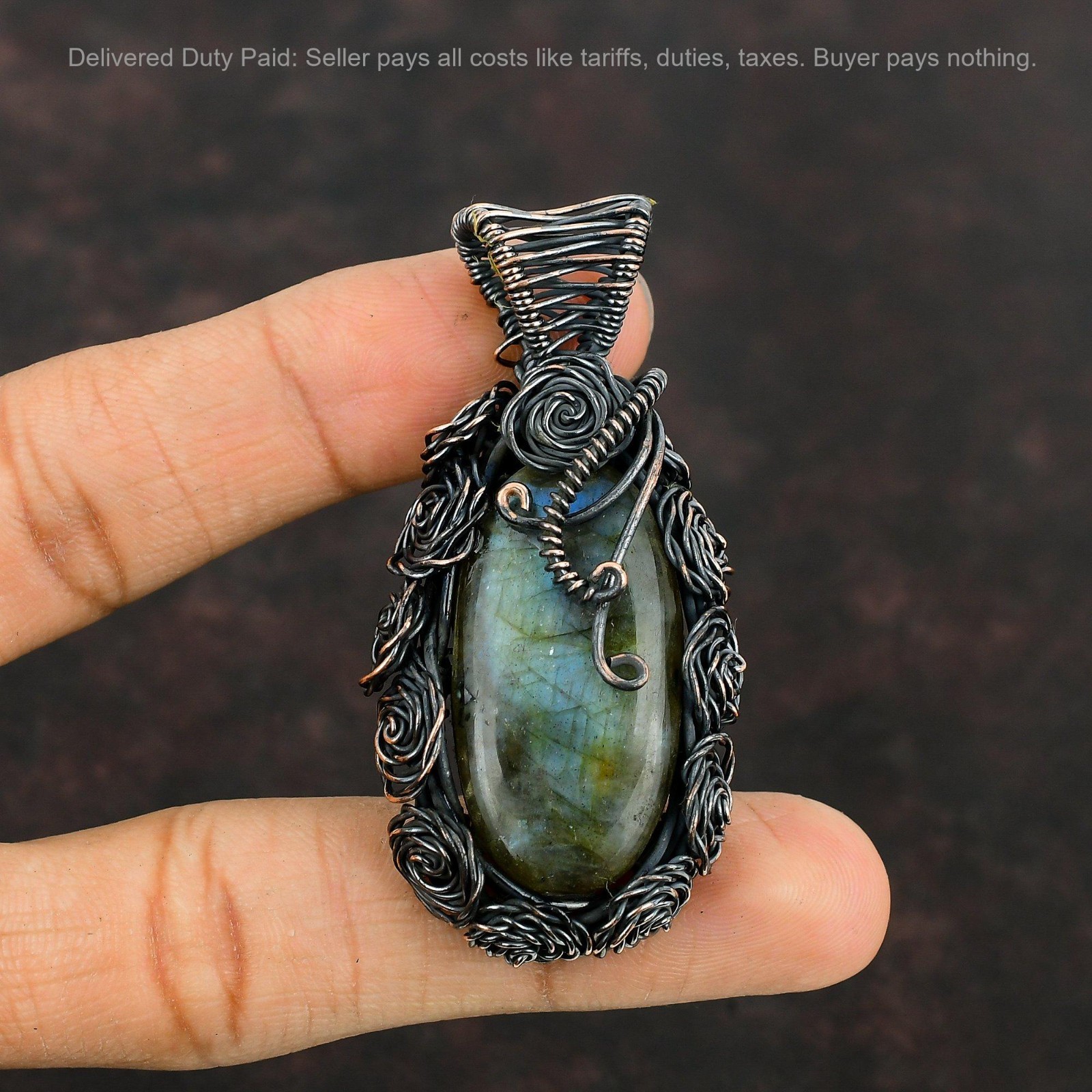 Natural Labradorite Copper Engagement Sister Wire Wrapped Flower Pendant Jewelry