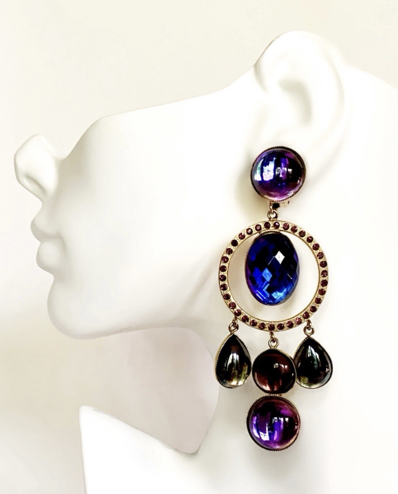 REMINISCENCE ZOE COSTE FRANCE VINTAGE MASSIVE 1980s EAR CLIP CRYSTAL EARRINGS