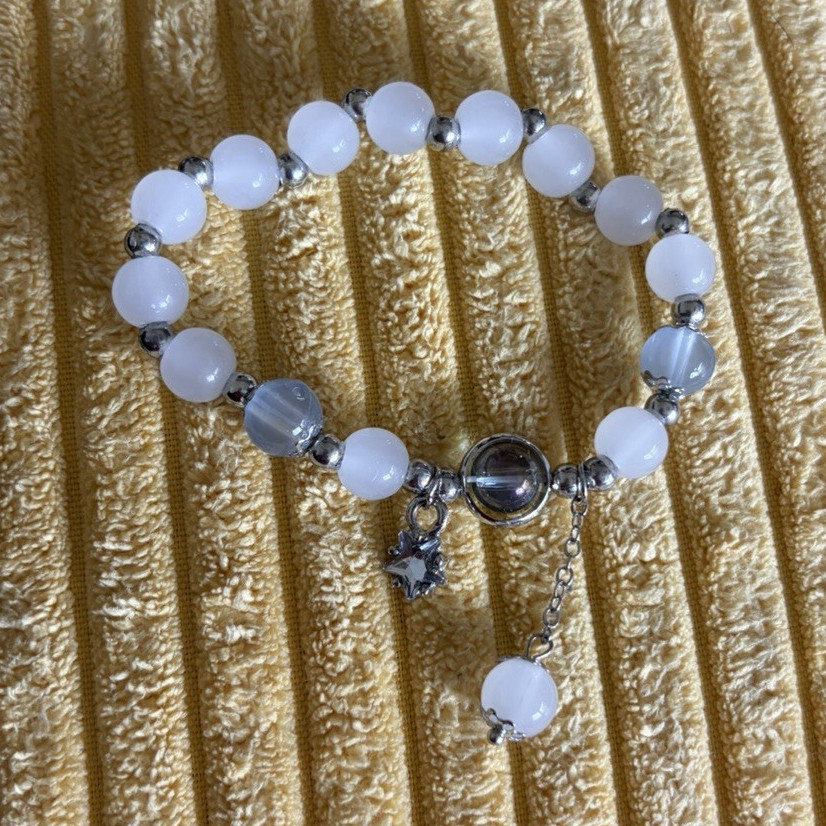 White & Gray glass Round Beaded Stretch Slip-On Bracelet with Star Dangle Charm