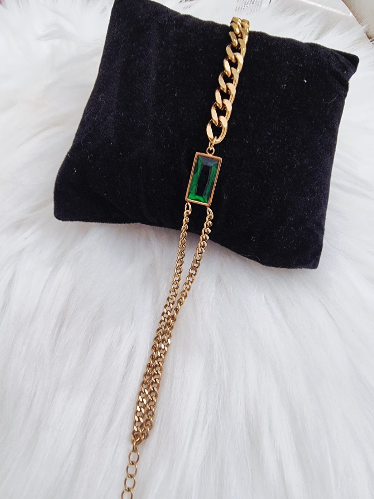 Woman’s Stainless Steel Gold Colour Green Crystal Cubin Link Bracelet 22cm Long
