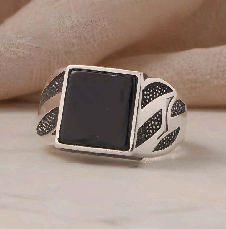 Surgical Steel Black Onyx Signet Ring Mens Vintage Textured Statement Band