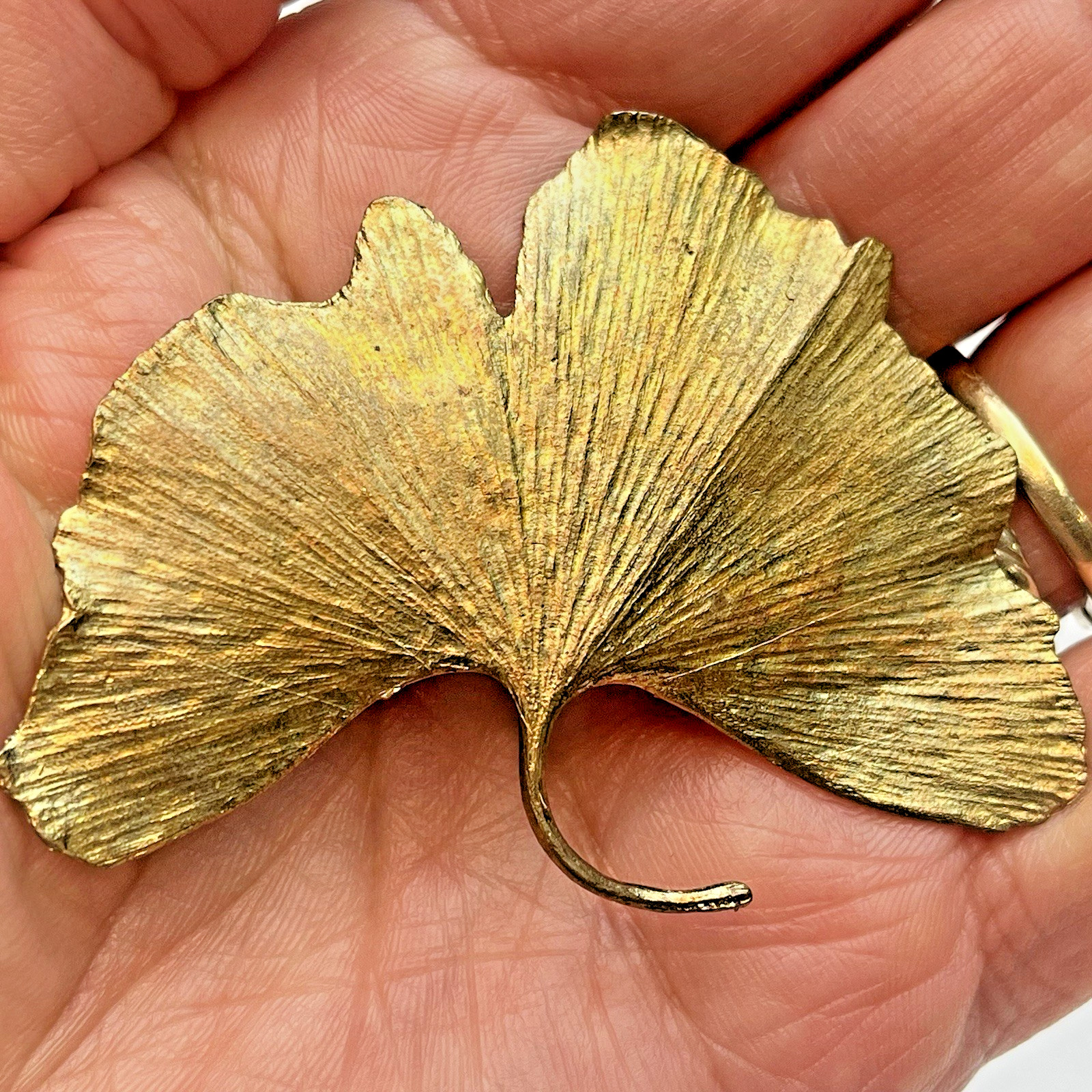 Botanical Metal Ginkgo Leaf Brooch Pin Artisan Textured Metallic Finish Unsigned