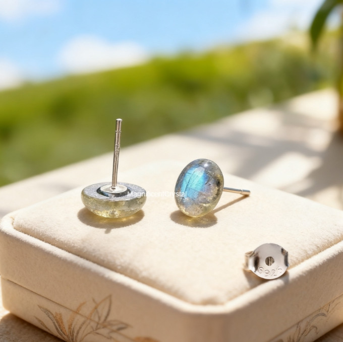Labradorite Oval Stud Earrings Rainbow Flash Crystal Spiritual Energy Jewelry