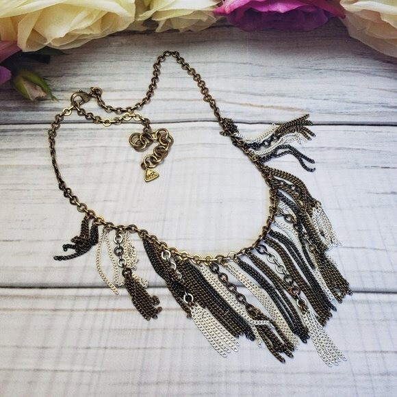 SILPADA KR Multi Tone Fringe Chain Necklace Gold Brass Gunmetal Tassel Statement