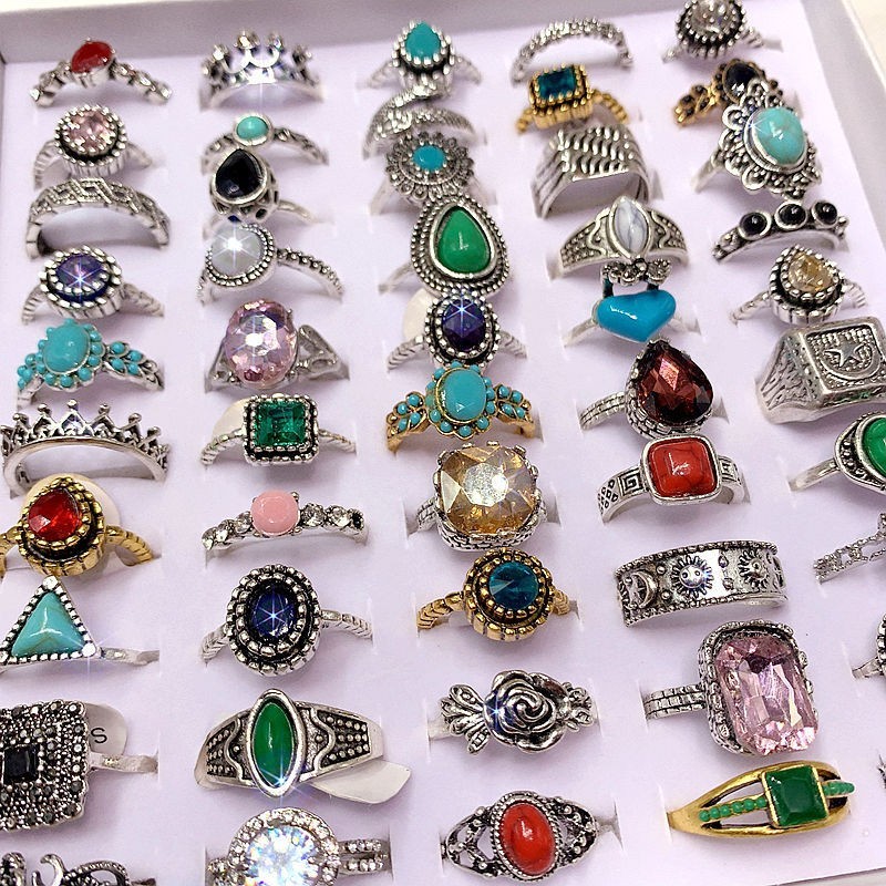 50pcs Bulk Lots Vintage Crystal Stone Mix Plated antique silver Jewelry Ring