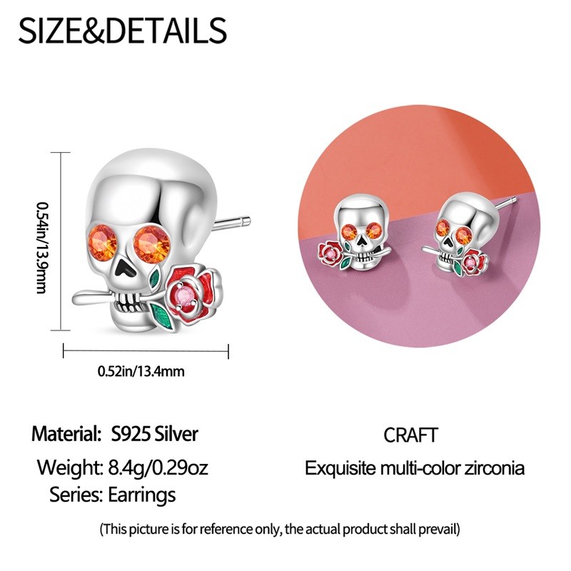 PANDACH 925 Sterling Silver Skull Rose Stud Earrings For Women Men Jewelry Gifts