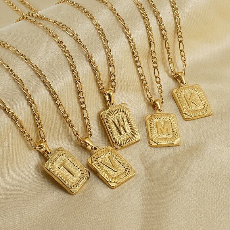 18″ Gold Plated Initial Letter Pendant Necklace Stainless Steel Figaro Chain New