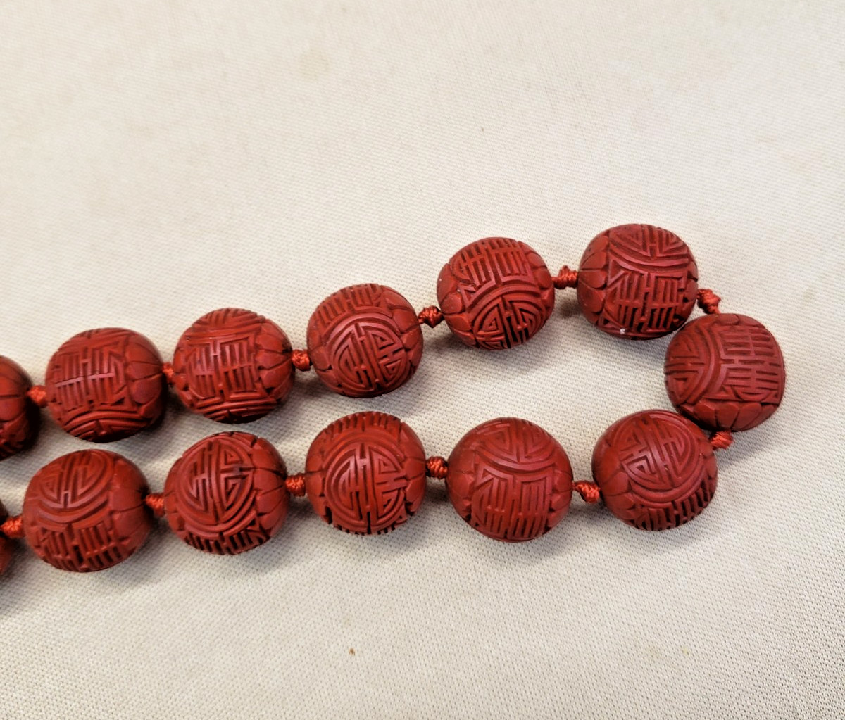 Red Carved Cinnabar Hand Knotted Bead Necklace 28″