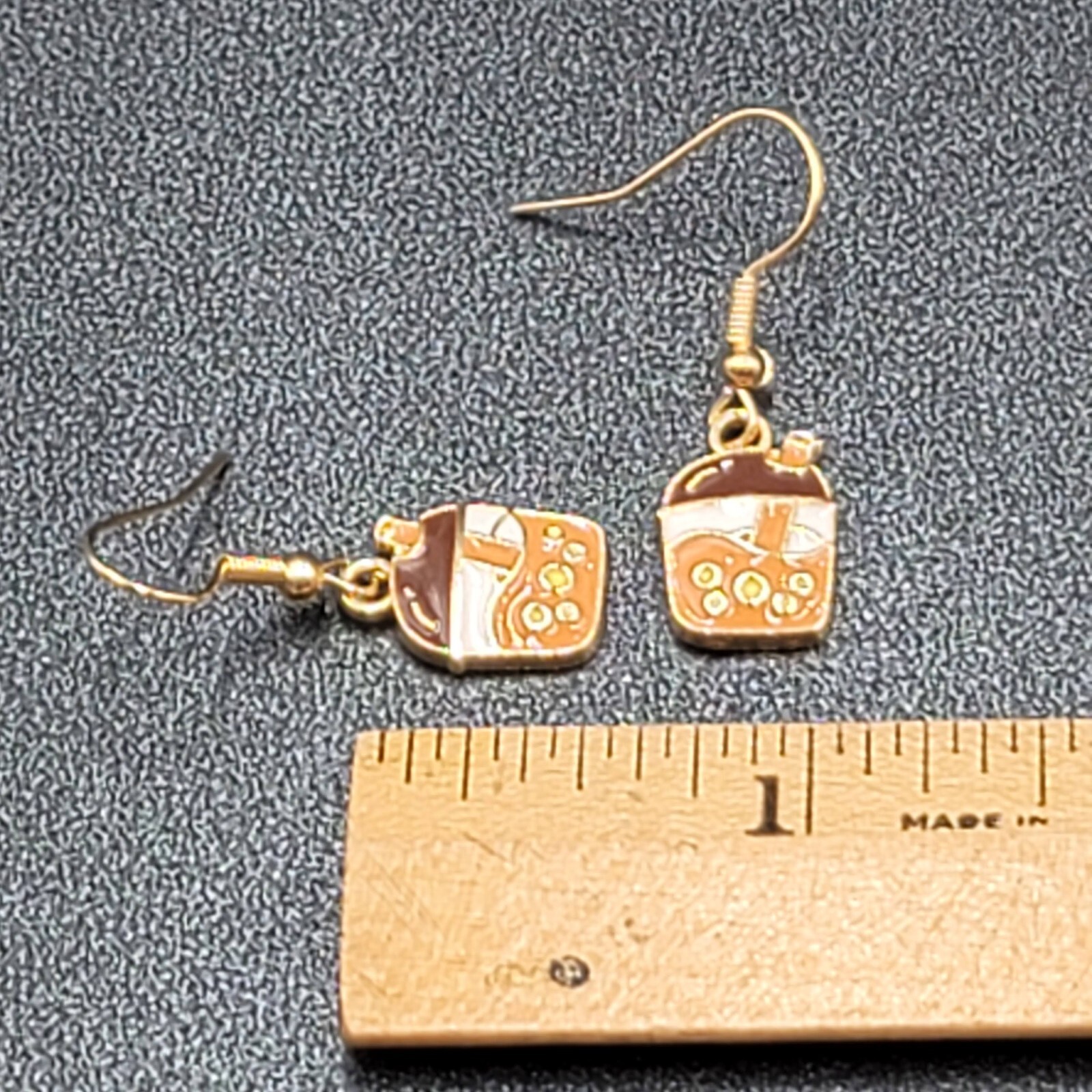 Boba Tea Pierced Earrings Gold tone Coffee Drink Dangle Enamel 1/2″