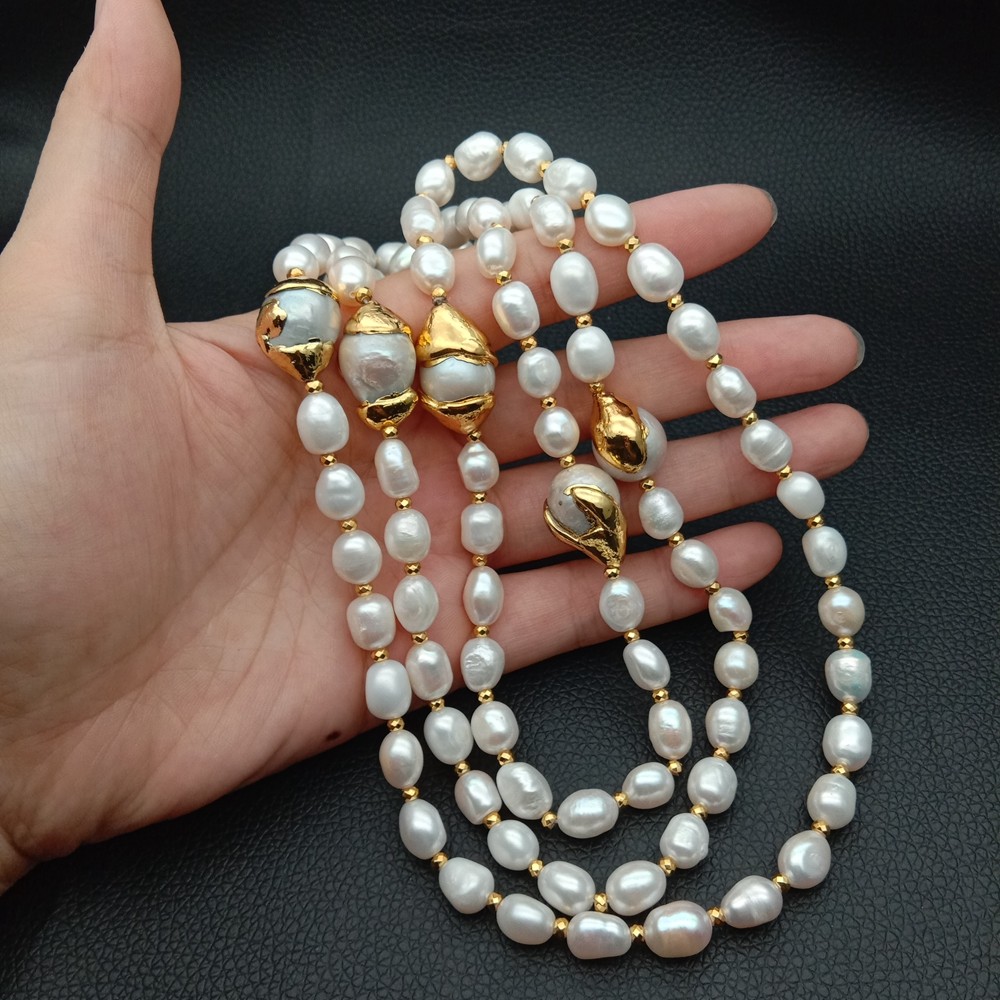 42″ White Baroque Pearl 24 K Gold Plated Keshi Pearl Necklace