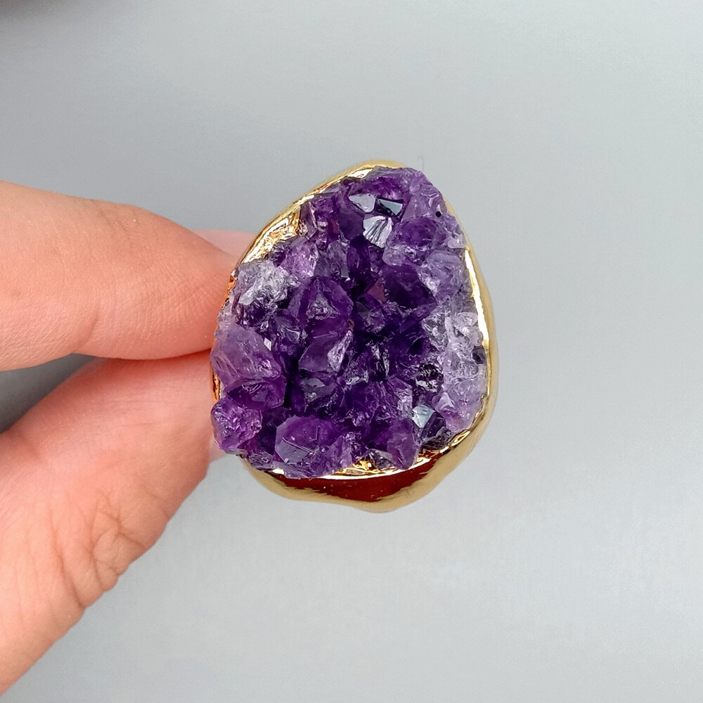 Natural Amethsyt Druzy Cluster Freedom Shape Gold Electroplated Ring Adjustable