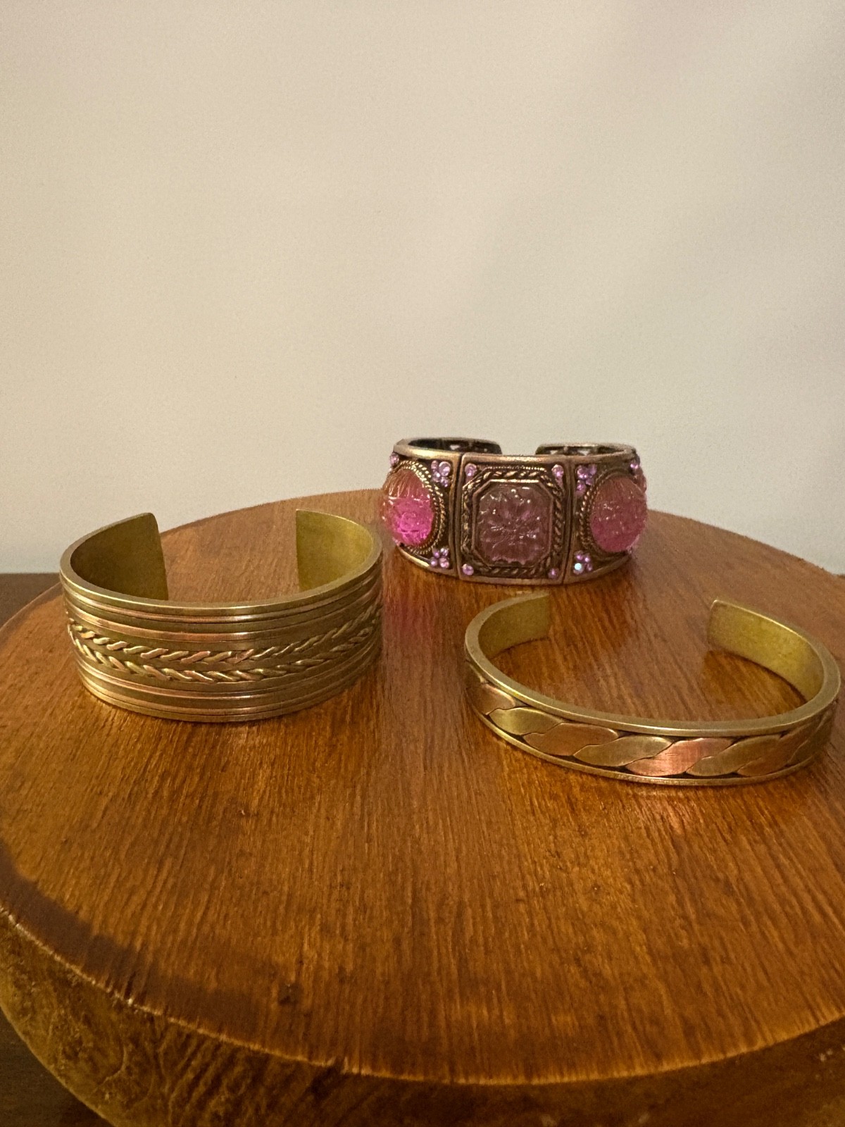 3 Vintage Chunky Slip on Bangle Bracelets Brass Pink Copper Mix