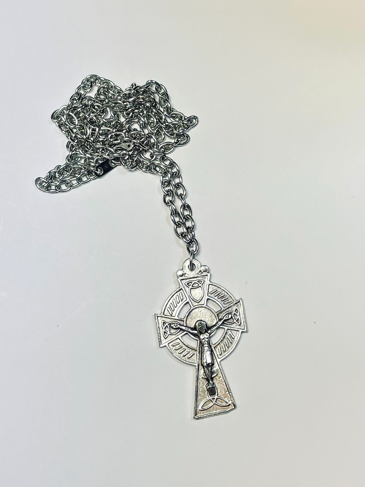 Irish Crucifix Necklace, Silver, 24 ” Chain, Lobster Claw Fastener