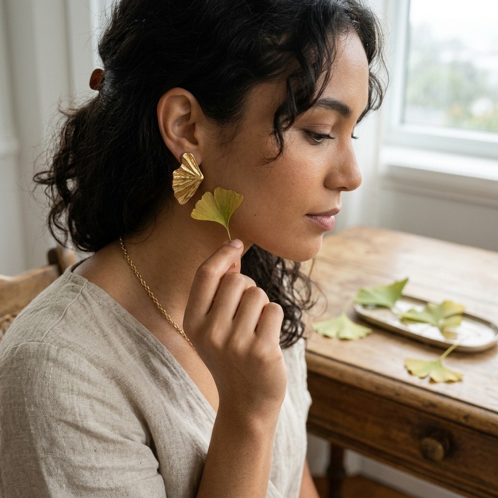 Gold Tone Ginkgo Leaf Stud Earrings Textured Nature Inspired Pierced Jewelry