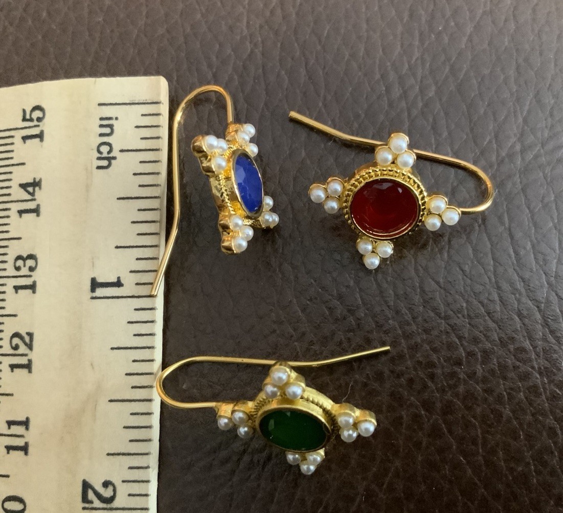Museum Earrings Blue Pearl Red Green Mix Match Gold Flower Court VTG Floral VTG