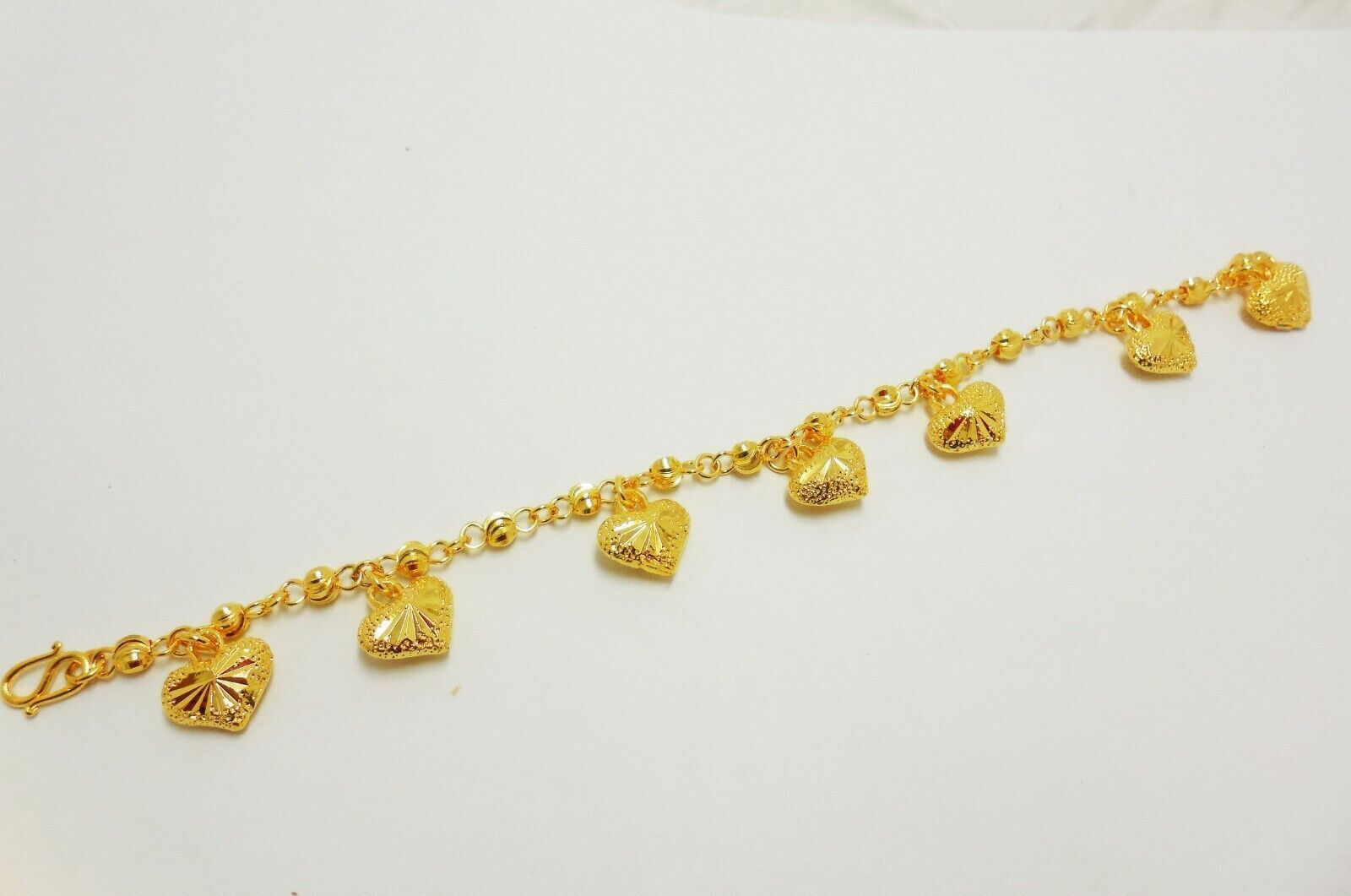 Hearts 22K 24K Thai Baht Yellow Gold Plated Bracelet Bangle Jewelry Women 7 inch