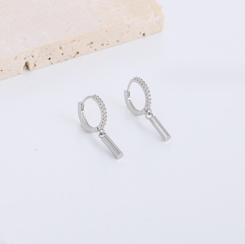 925 Sterling Silver Dangle Column Bar Round CZ Huggie Small Hoop Earrings PE3