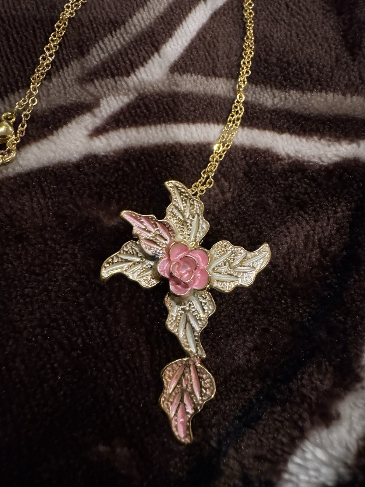 Gold-Plated Pink Enamel FloralCross Pendant Necklace