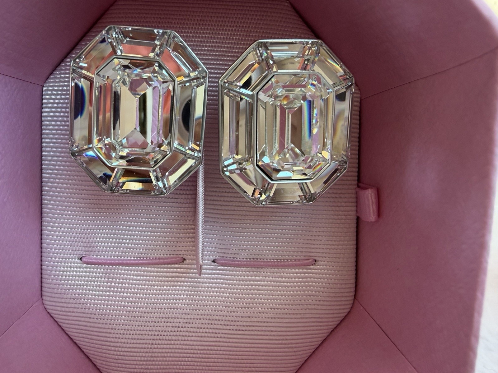 Swarovski Octagon Cut White Aluminum Metal Lucent Clip-On Earrings
