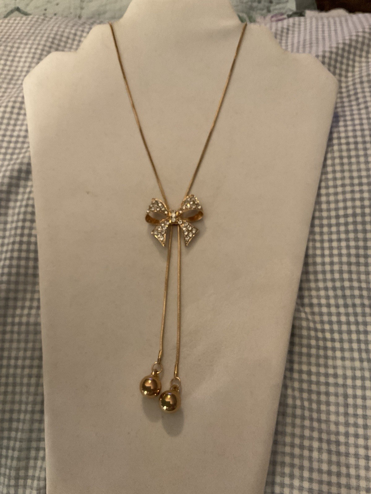 Unique Gold With Crystal Sliding Bow Long Necklace 16- 30 Inches New