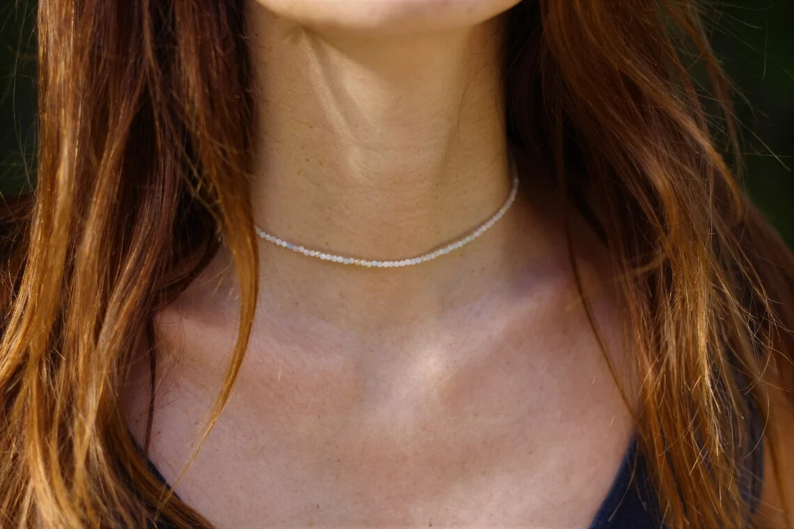 2MM Natural Morganite Chakra Necklace Healing Delicate Small Beads Women Choker