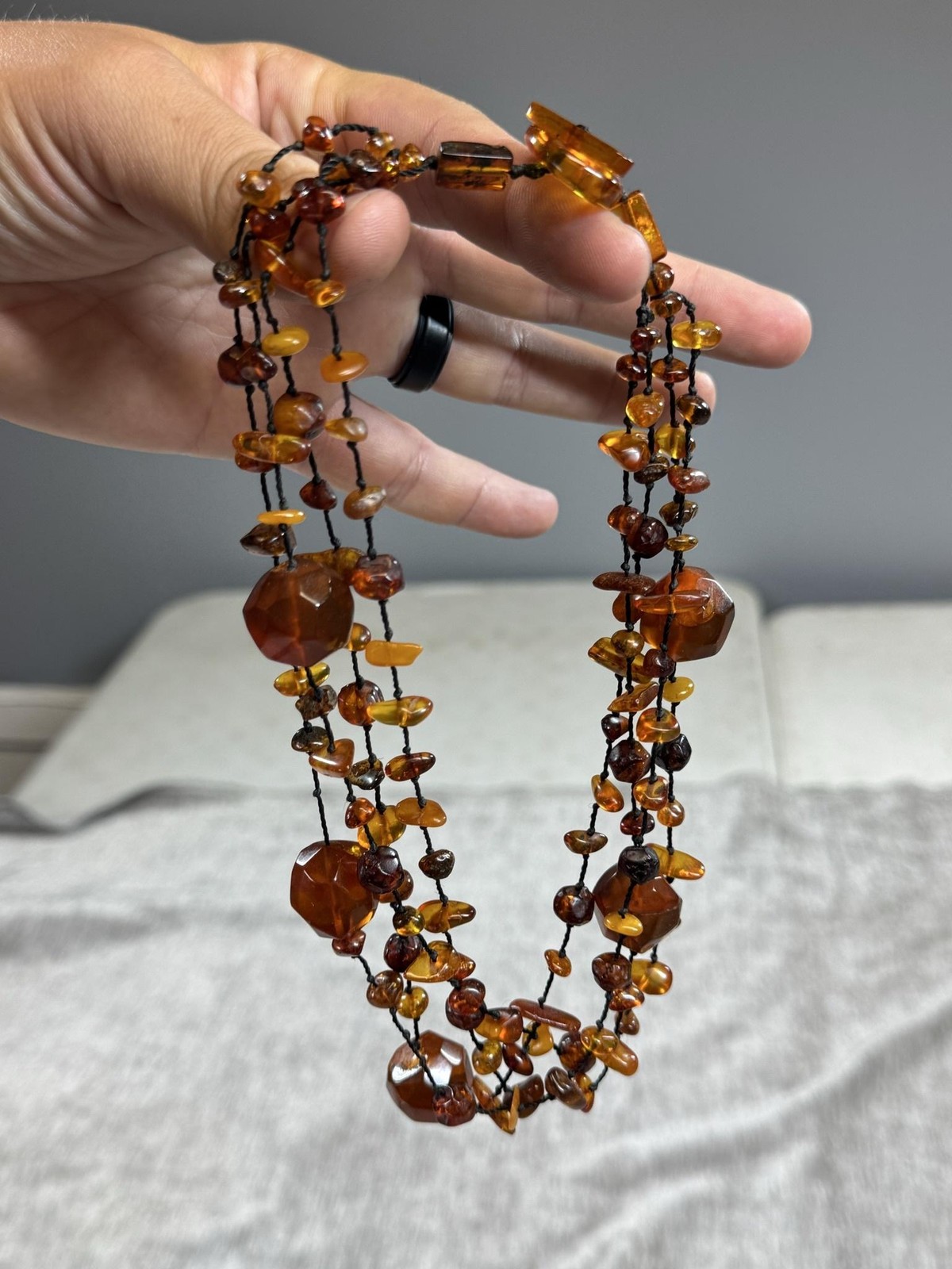 Amber Beaded Layered Statement Necklace Brown Multi Strand Toggle Clasp Natural