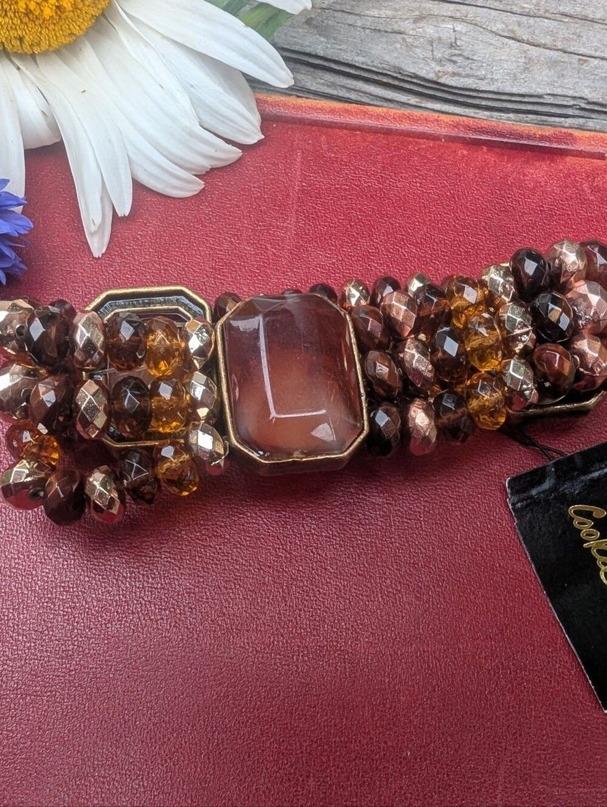 Cookie Lee Amber and Brown Faceted Bead Stretch Bracelet with Center Stone