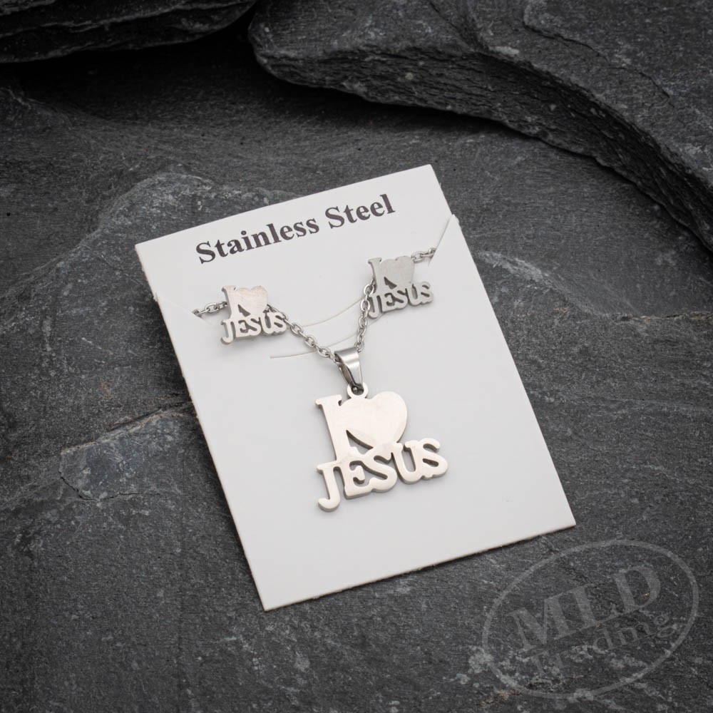 I LOVE JESUS Stainless Steel Pendant Necklace & Earrings Set – Christian Jewelry