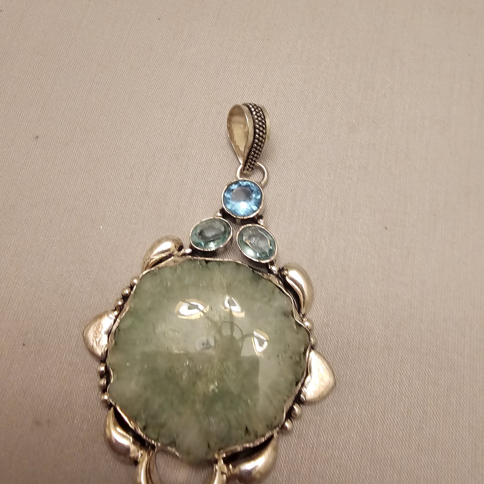 Green Stone Unknown Gemstones in 925 Sterling Silver Pendant About 3 Inches