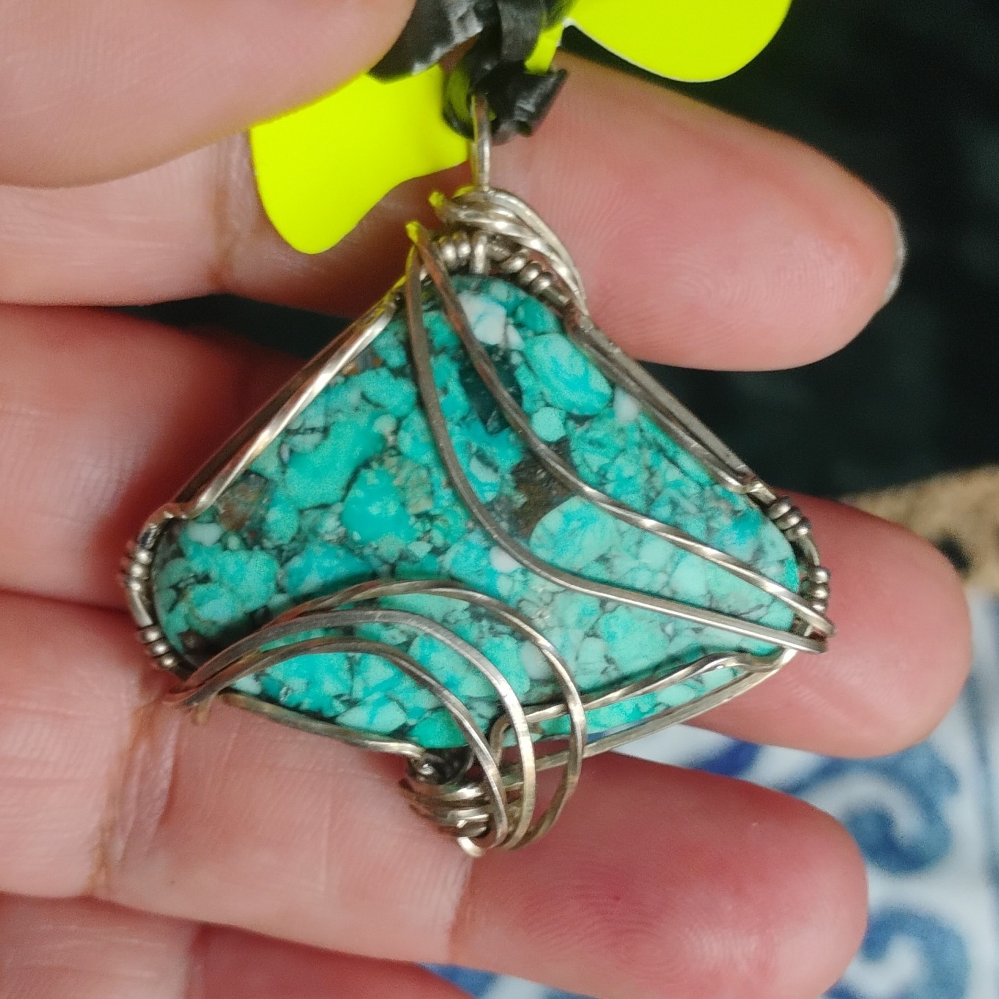 Silver Wire Wrap Turquoise Triangle Charm Pendant, Blue Stone