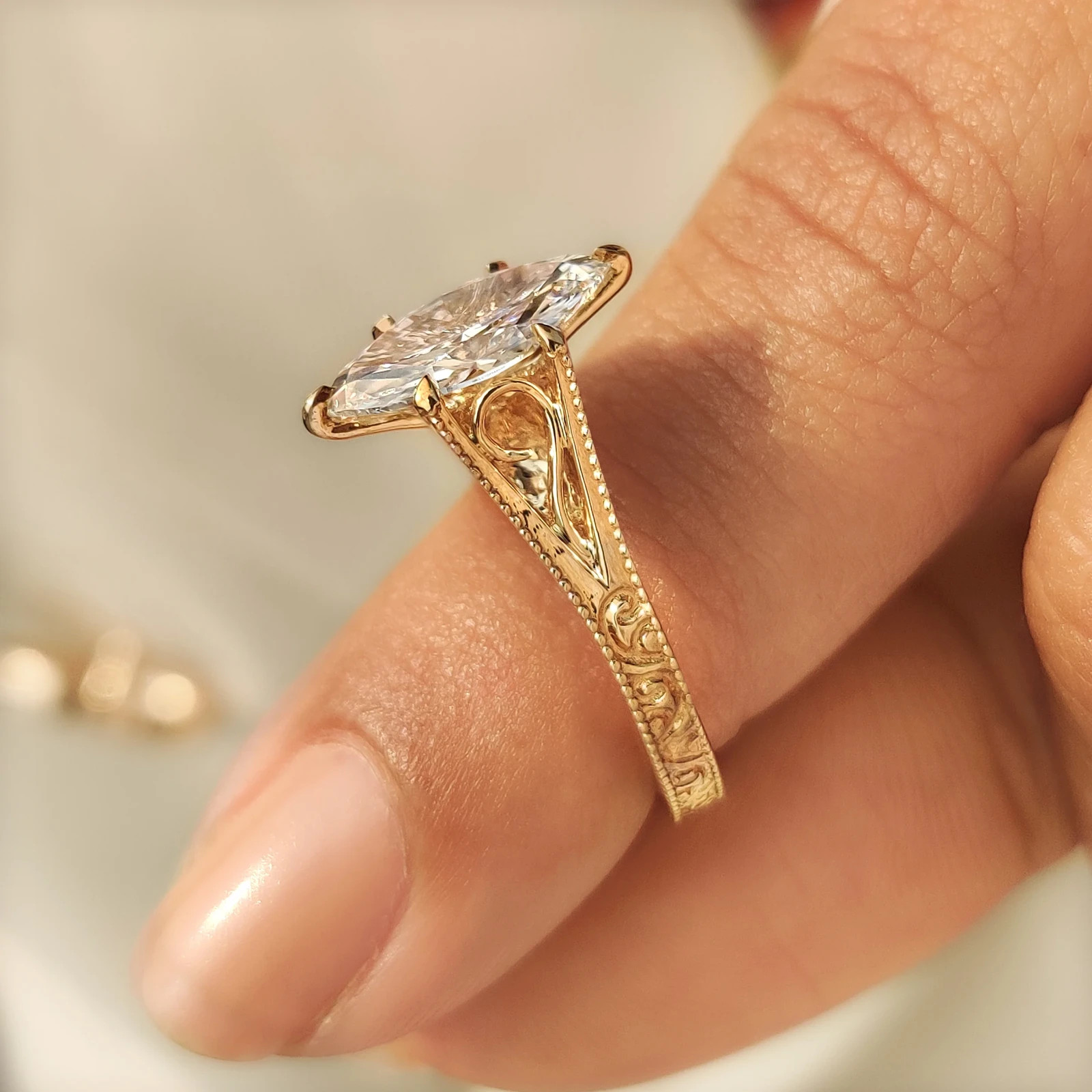 2.00CT Solitaire Lab Grown Diamond Marquise Cut Diamond Ring in Milgrain Details