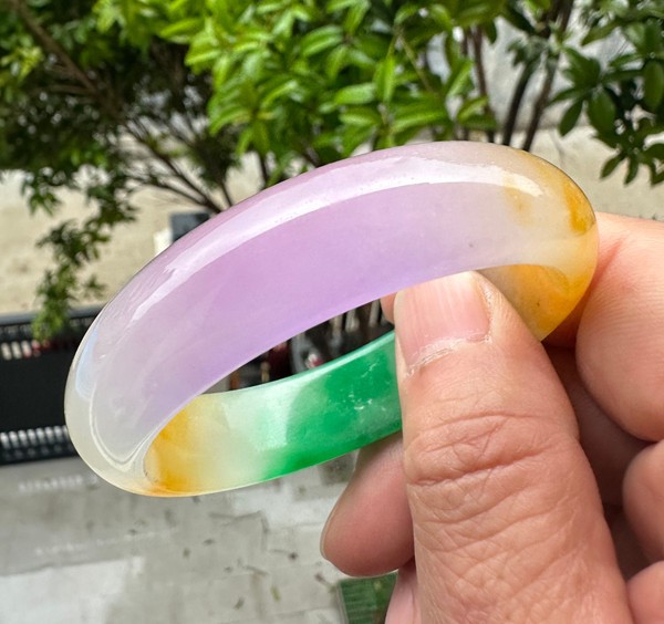 Natural Grade A Jadeite Bangle Tri-Color Green Lavender Yellow Burmese Jade 54mm