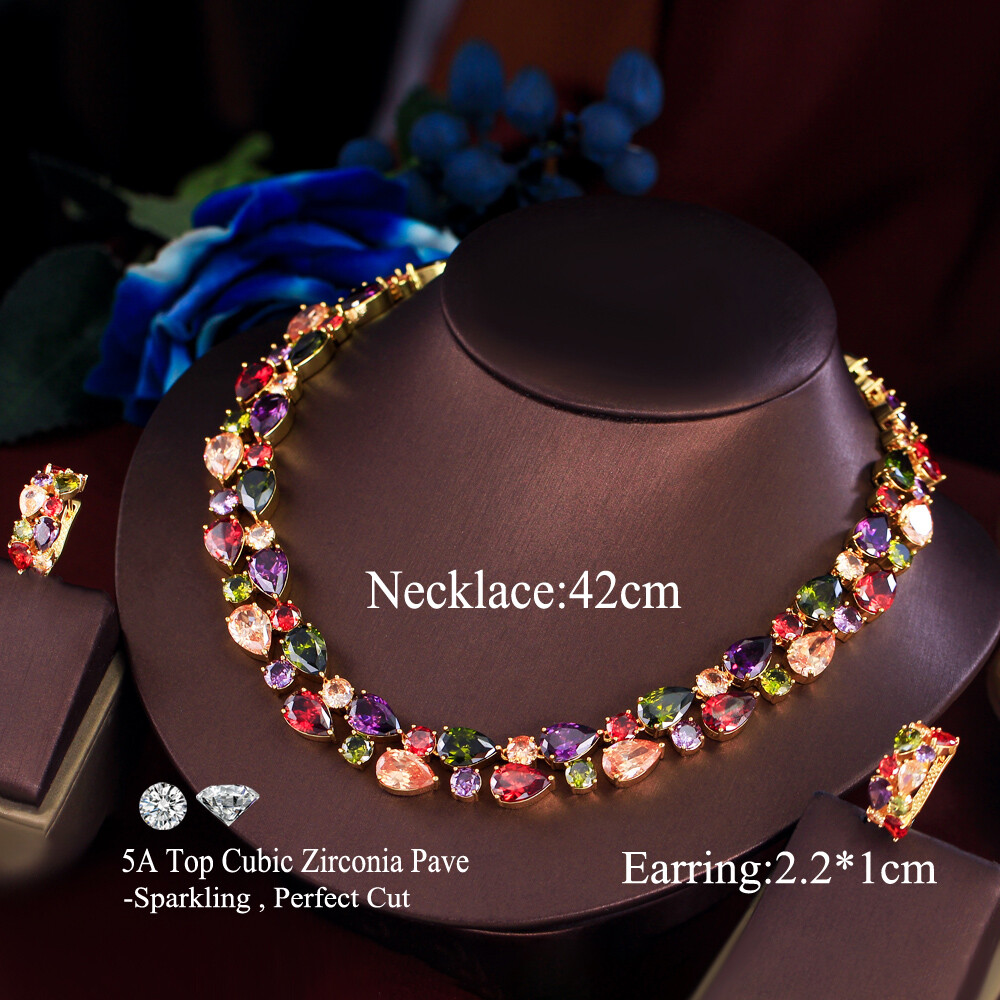 Charm Gold Plated Multicolor Cubic Zirconia Necklace Earrings Bridal Jewelry Set