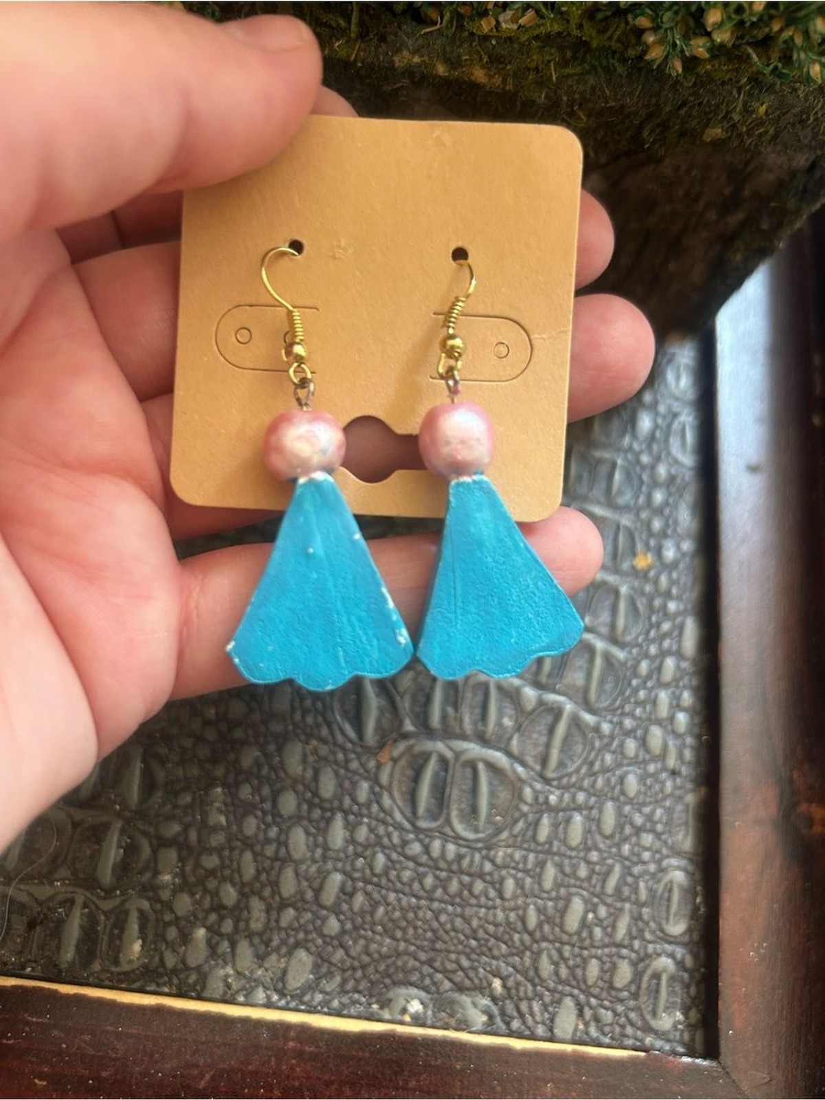 Handmade Blue Triangle Drop Earrings with Pink Bead