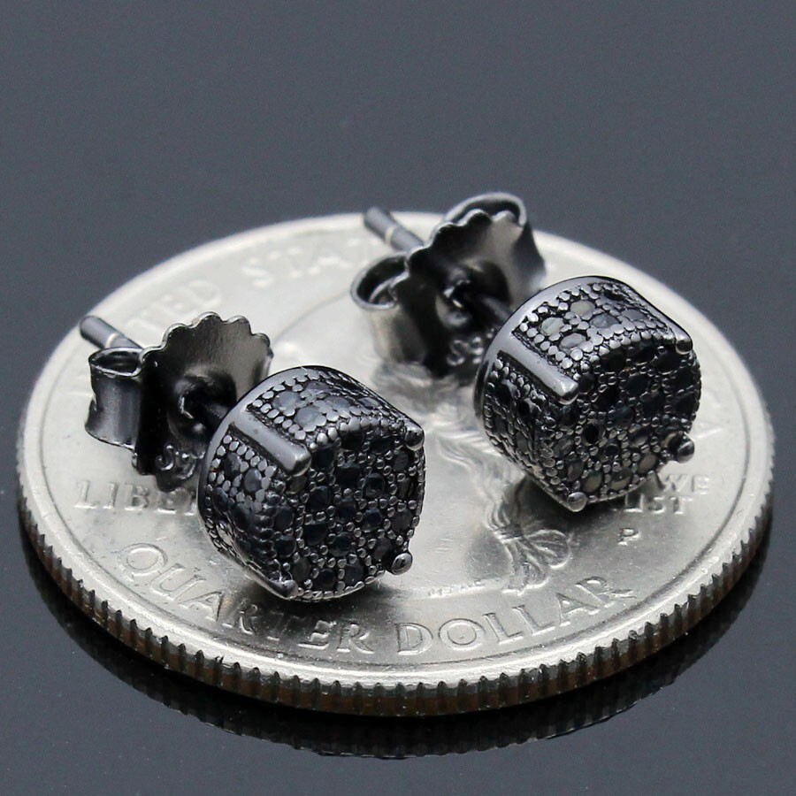 925 STERLING SILVER ICY BLING CZ BLACK PLATED 6MM ROUND 3D STUD EARRING*EB108