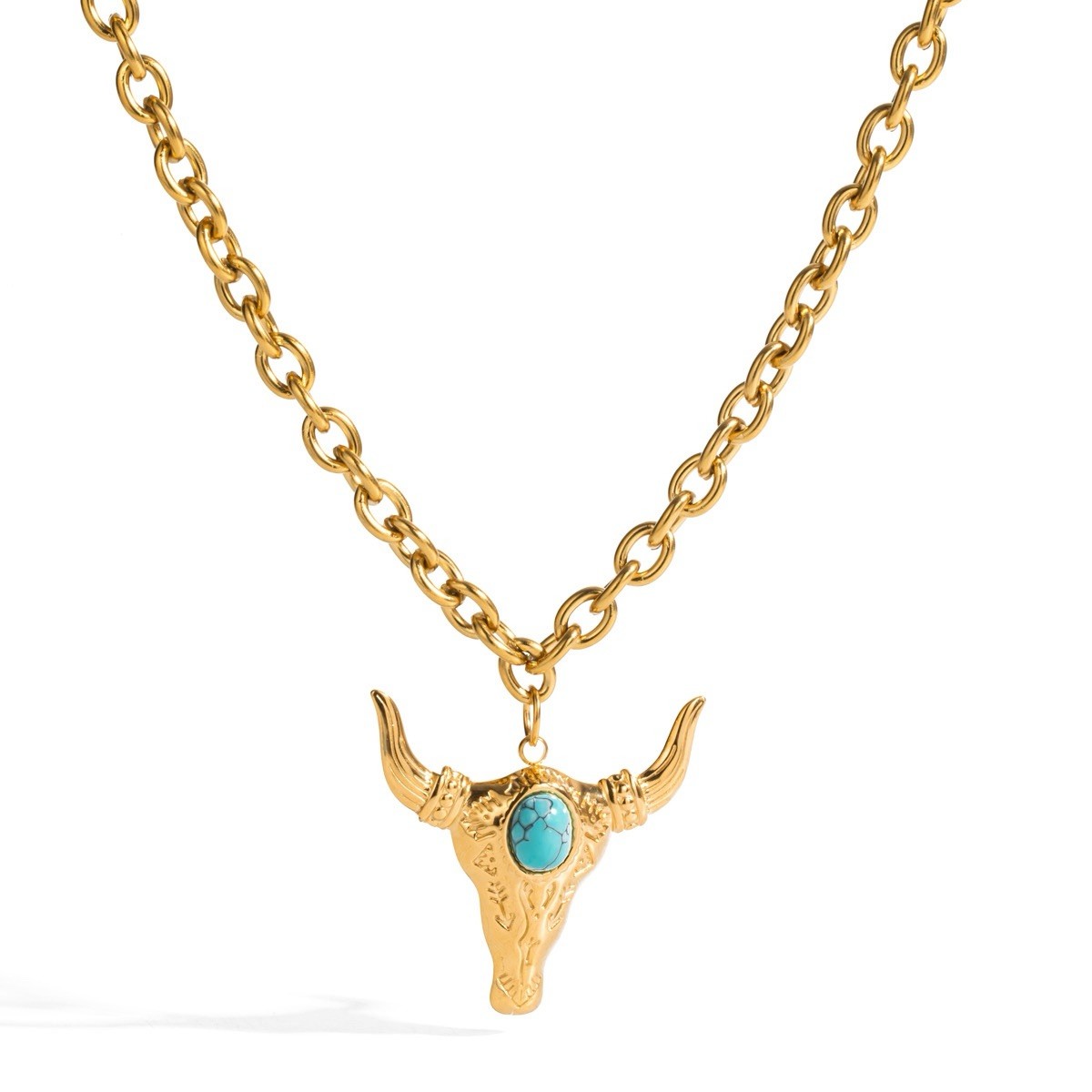 18k Gold Plated Bull Skull Charm Pendant Necklace Blue Turquoise Cable Chain